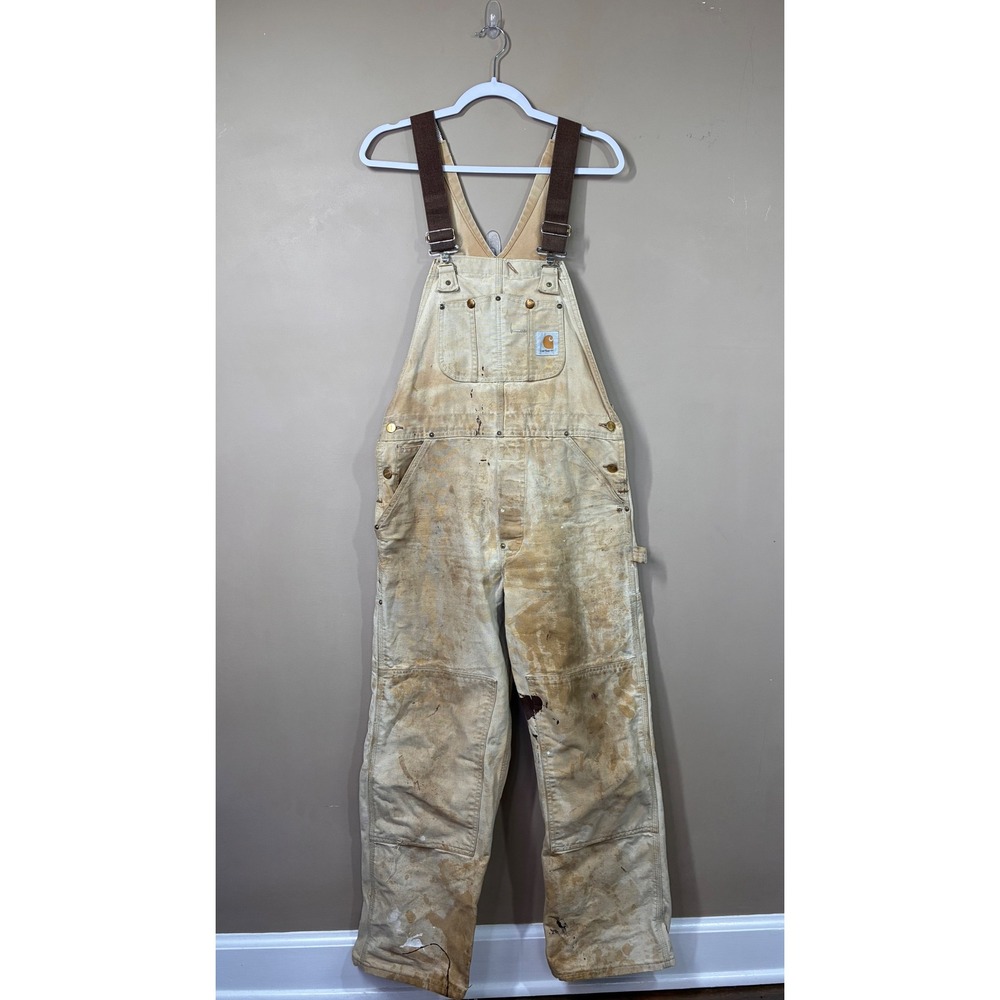 Vintage Carhartt Double Knee Bib Overalls Distressed Tan Duck Canvas 34x30 USA